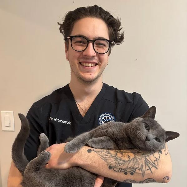 Dr Andrew Groenewold holding grey cat