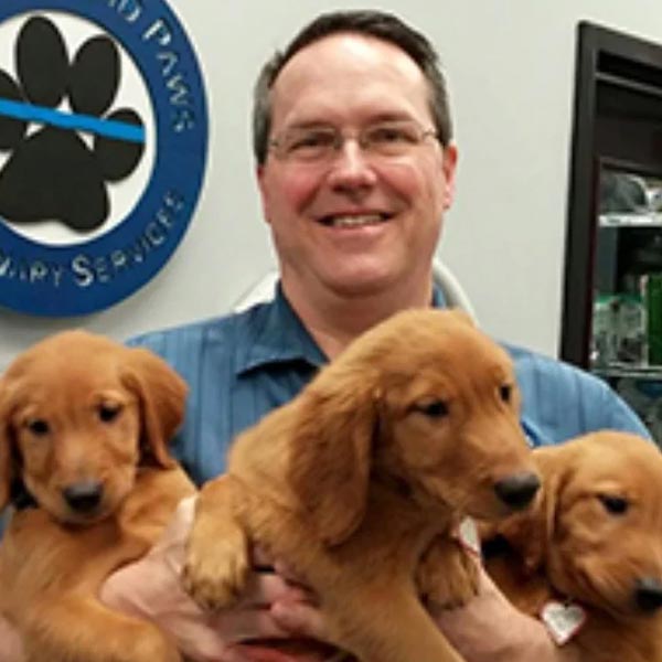 Dr Timothy Brandes holding three golden retriever puppies