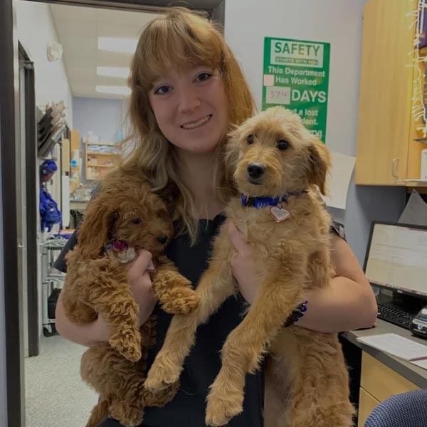 Lauren smiling and holding two dogs